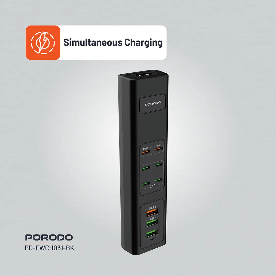 Porodo 85W Multi-Port USB Charging Hub – Fast Multi-Device Charger with Smart Power Distribution (Black)