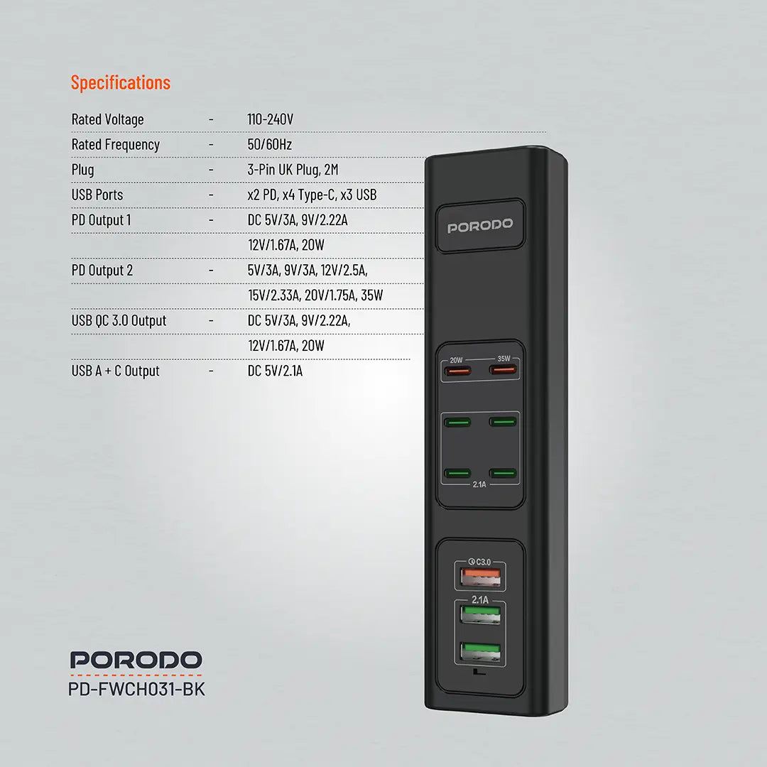 Porodo 85W Multi-Port USB Charging Hub – Fast Multi-Device Charger with Smart Power Distribution (Black)