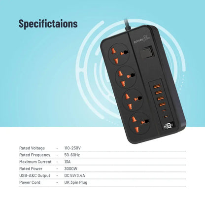 Porodo Blue 4 AC Power Strip – Compact & Safe Power Extension (Black)