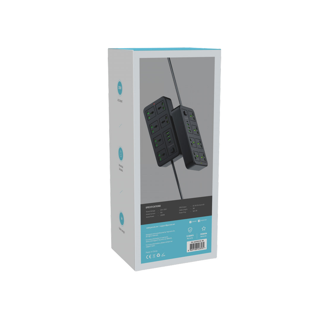 Porodo 6-AC Power Strip with USB-A & Type-C Charging Ports – Smart Power Hub (Black)