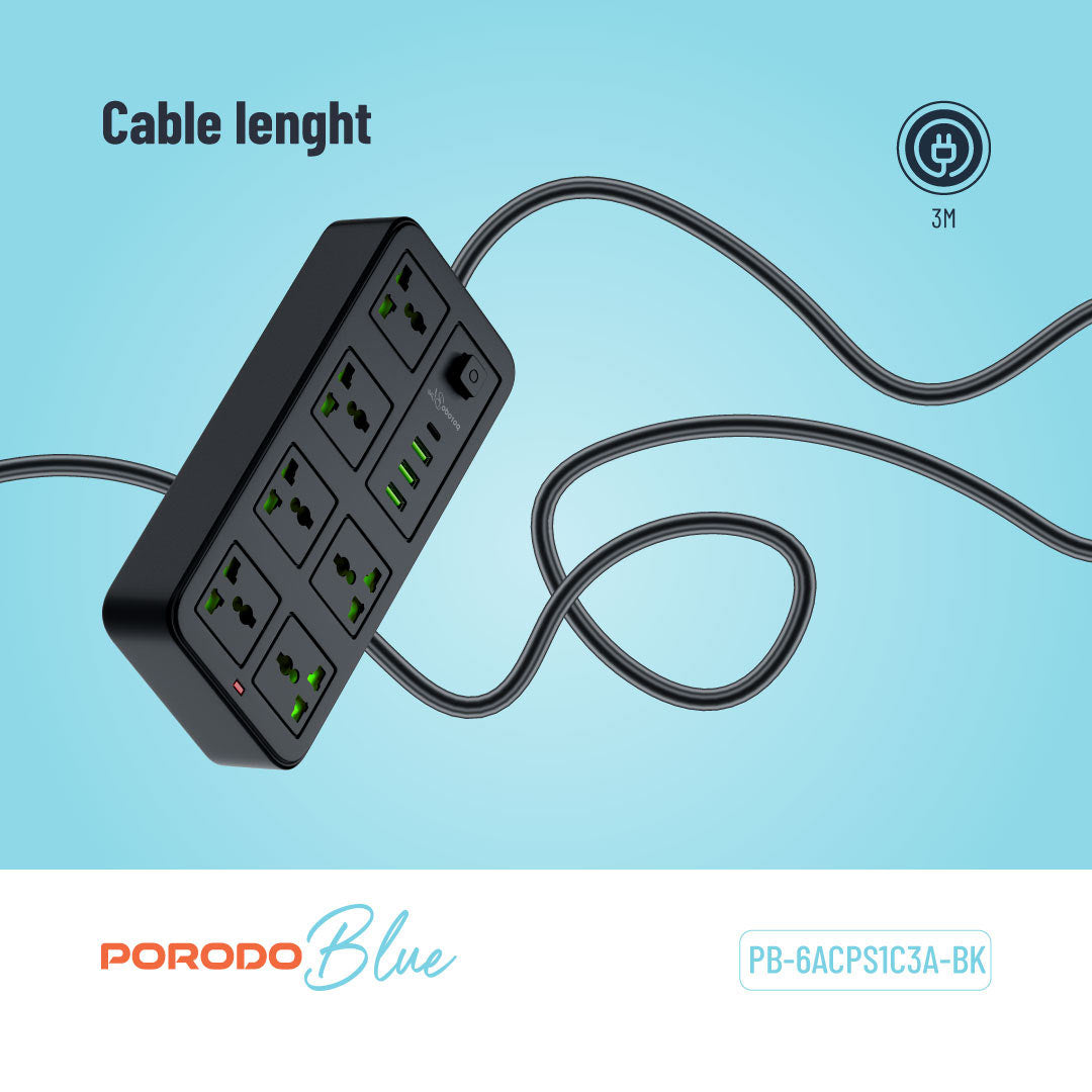 Porodo 6-AC Power Strip with USB-A & Type-C Charging Ports – Smart Power Hub (Black)