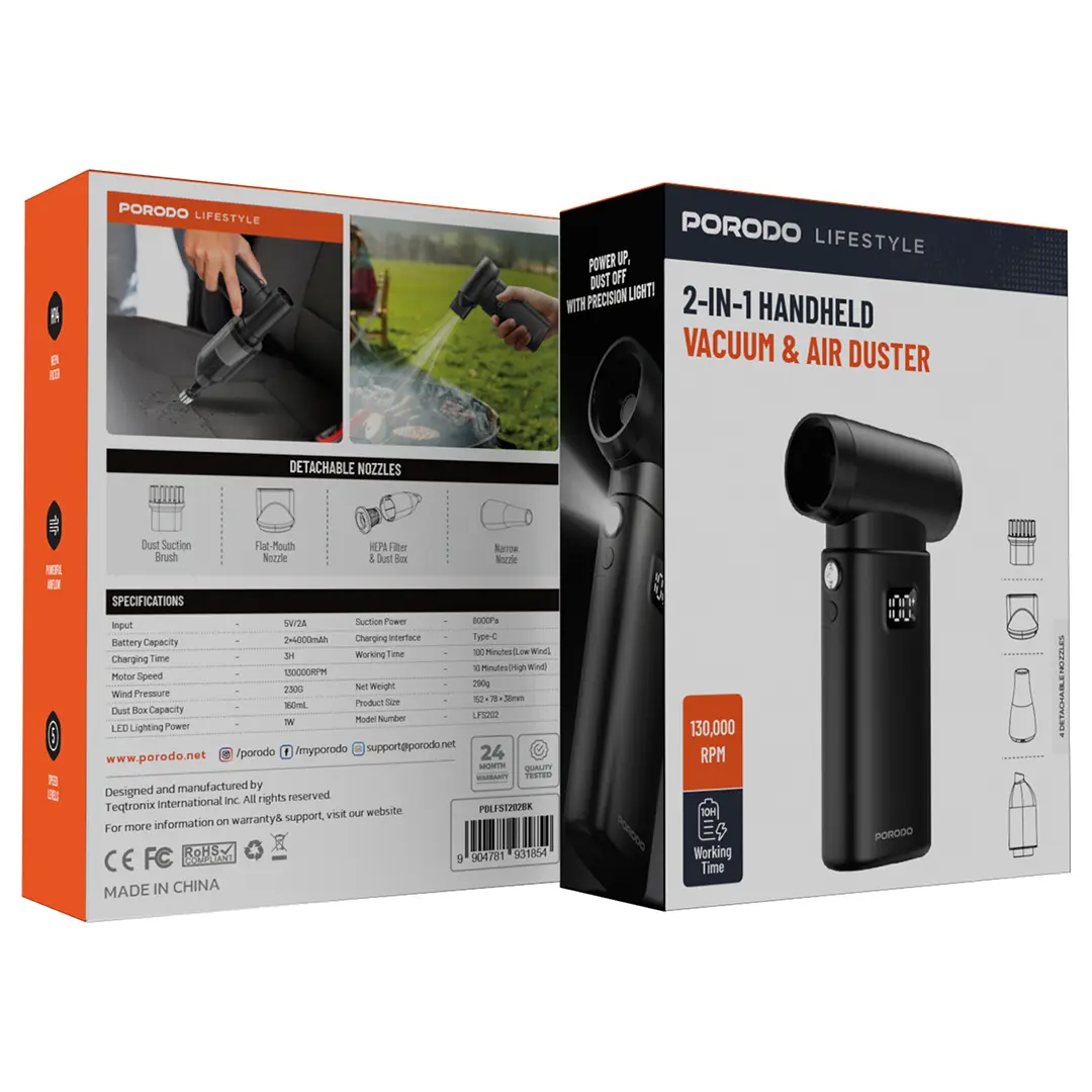 Porodo Lifestyle 2-in-1 Portable Vacuum Cleaner & Air Duster – Compact Cleaning Tool (Black)