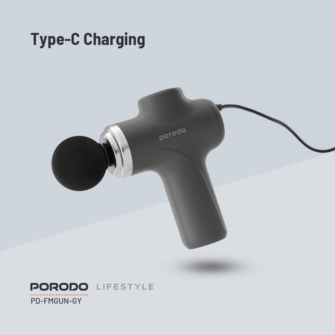 Porodo Fascial Massage Gun – Deep Tissue Muscle Recovery with 4 Heads (Grey)