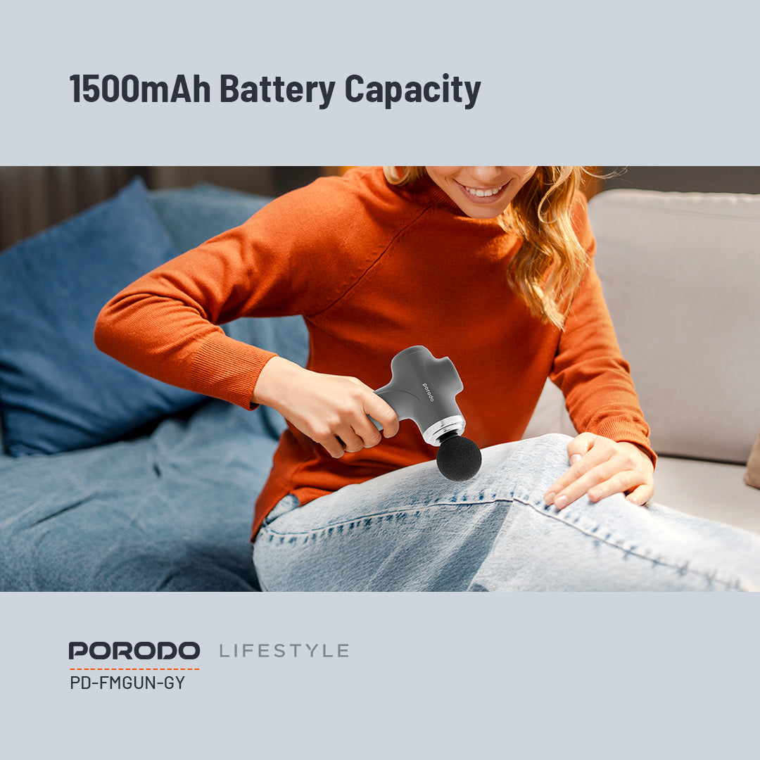 Porodo Fascial Massage Gun – Deep Tissue Muscle Recovery with 4 Heads (Grey)