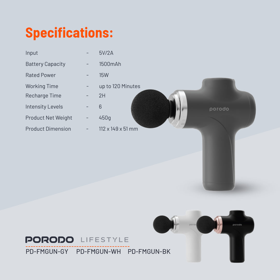 Porodo Fascial Massage Gun – Deep Tissue Muscle Recovery with 4 Heads (Grey)