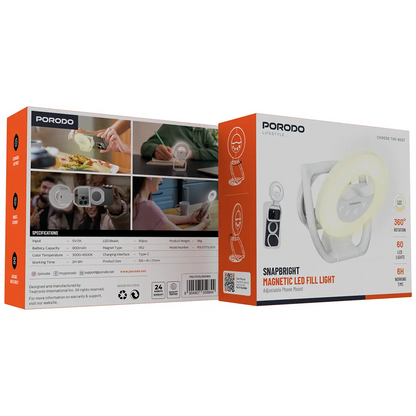 Porodo SnapBright Magnetic LED Fill Light – Adjustable Brightness Compact Light (White)