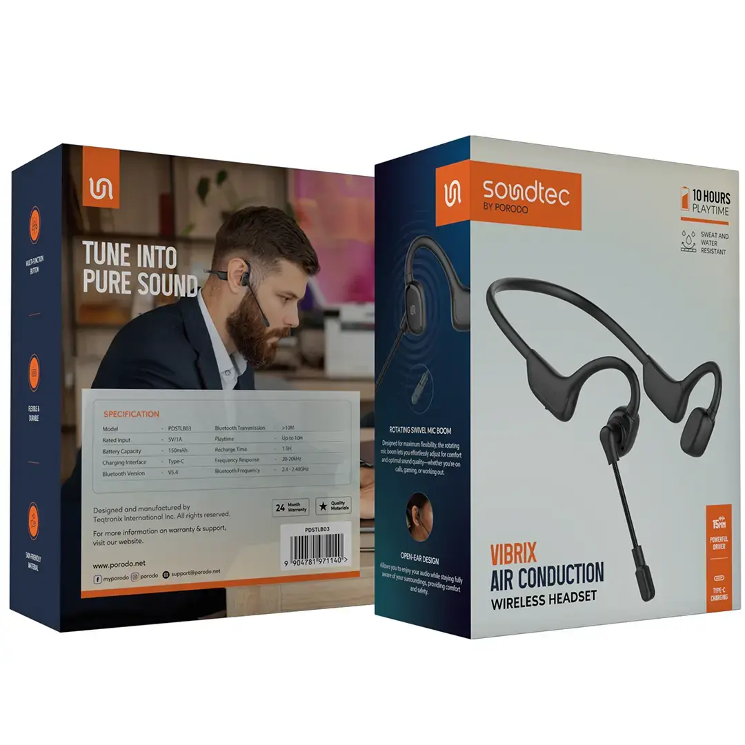 Porodo Soundtec Vibrix Air Conduction Wireless Headset – Open-Ear Lightweight Bluetooth Headphones (Black)