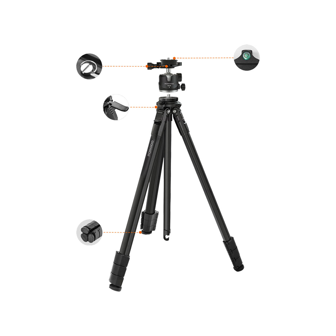 Porodo Ultra-Light Aluminum Tripod – Portable Adjustable Camera & Phone Stand (Black)