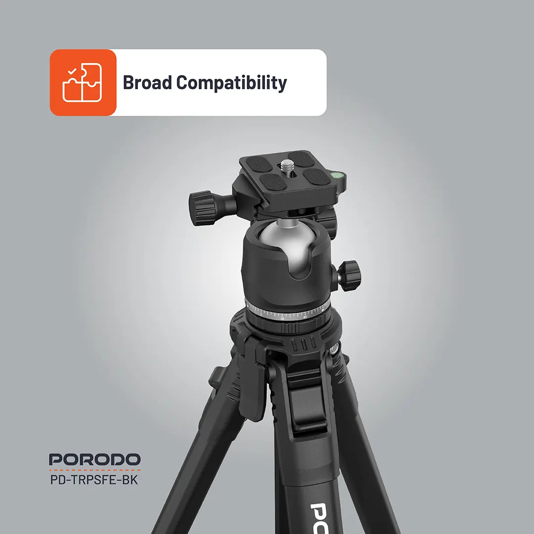 Porodo Ultra-Light Aluminum Tripod – Portable Adjustable Camera & Phone Stand (Black)