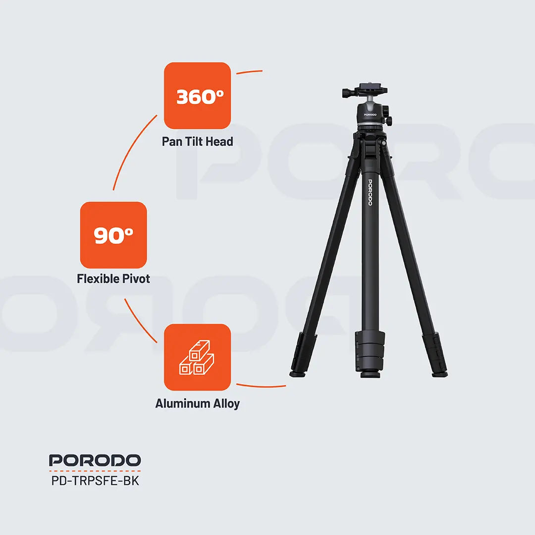Porodo Ultra-Light Aluminum Tripod – Portable Adjustable Camera & Phone Stand (Black)