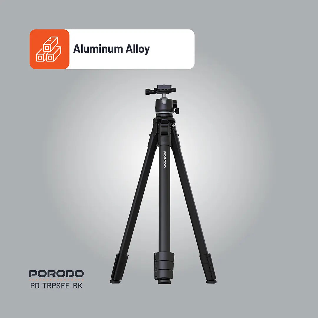 Porodo Ultra-Light Aluminum Tripod – Portable Adjustable Camera & Phone Stand (Black)