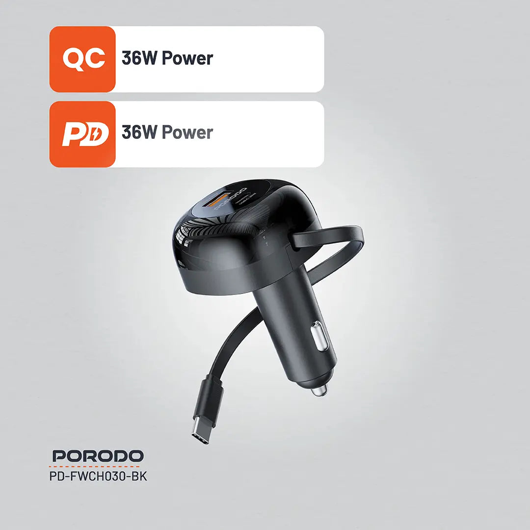 Porodo Dual Port Car Charger 80cm Retractable Type-C Cable - Black - image 4
