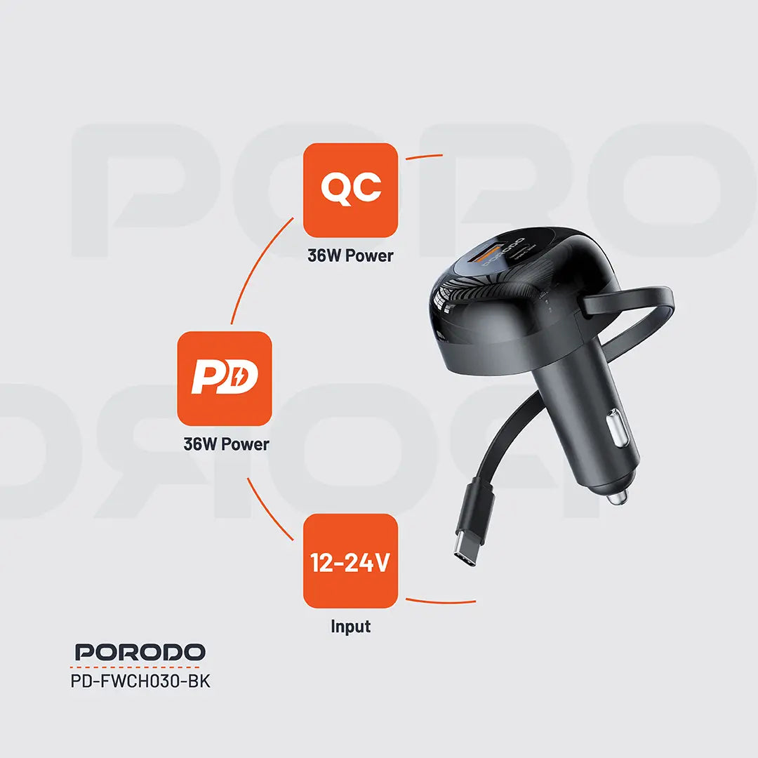 Porodo Dual Port Car Charger 80cm Retractable Type-C Cable - Black - image 3