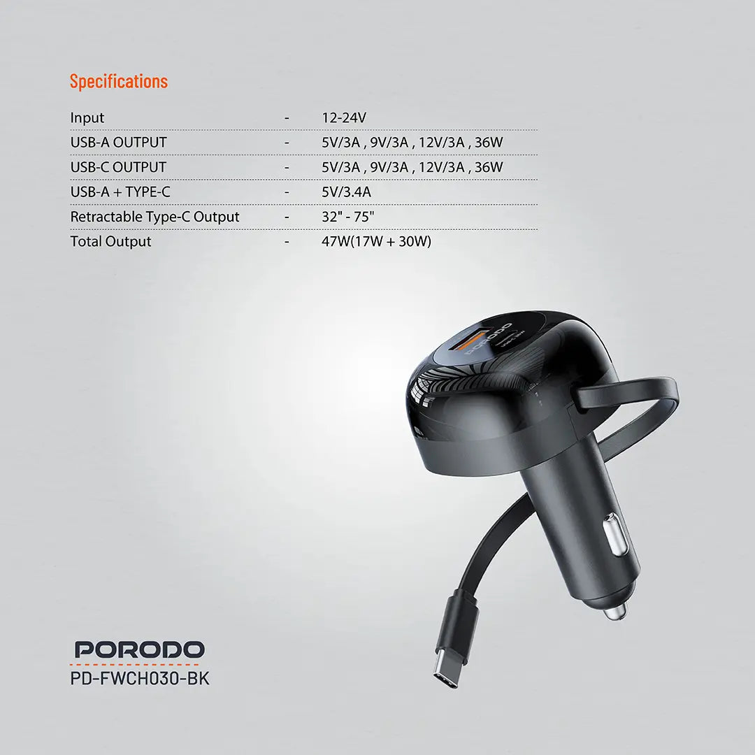 Porodo Dual Port Car Charger 80cm Retractable Type-C Cable - Black - image 2