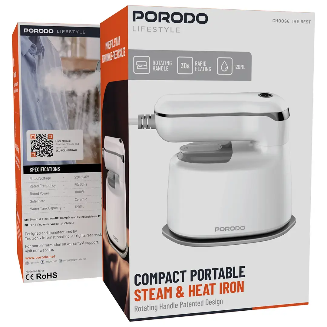 Porodo Lifestyle Mini Steam Iron 1000W UK with Rotatable Handle - White - image 4