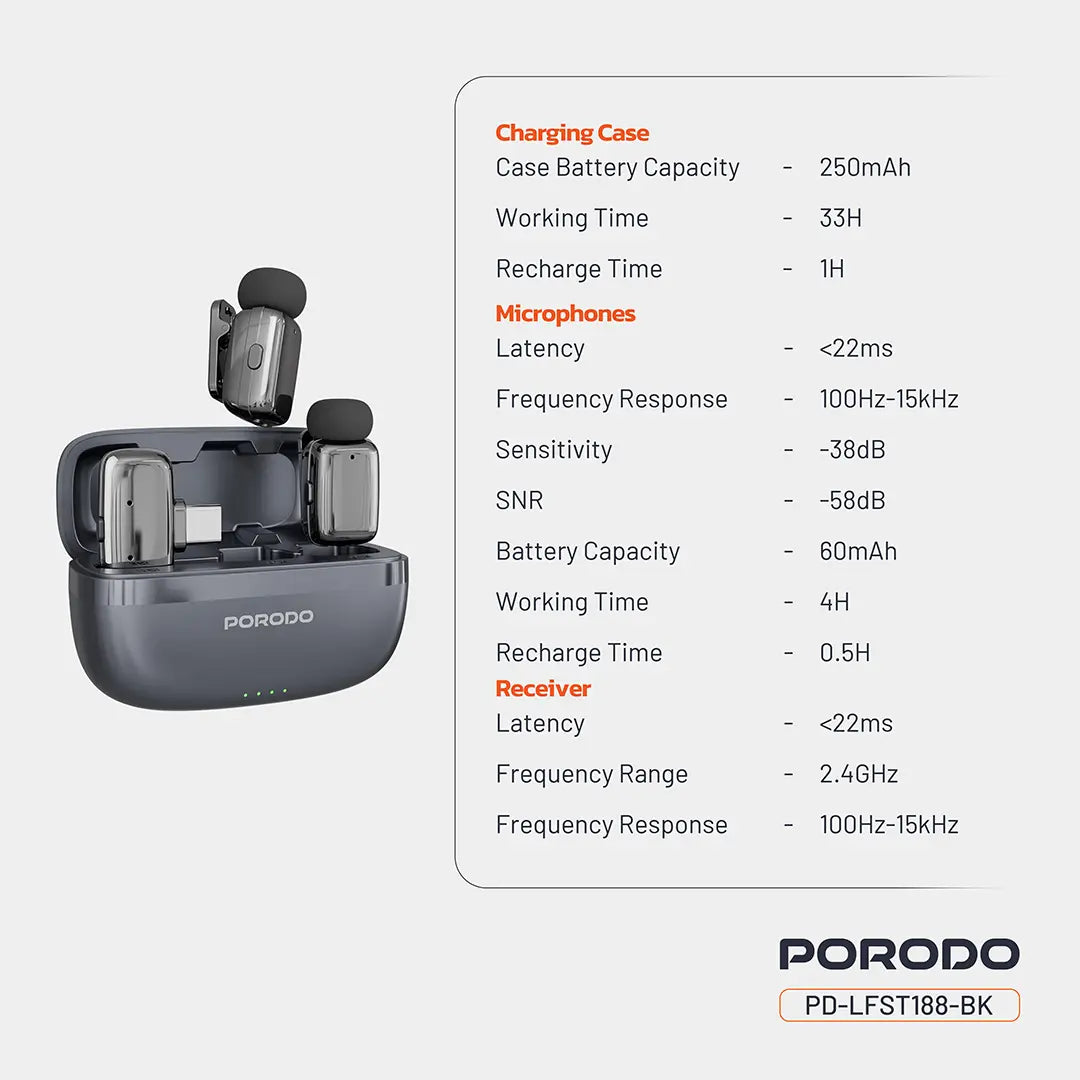 Porodo Wireless Lavalier Microphones Type-C - Black - image 2