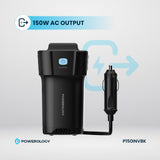 Powerology 150W Car Power Inverter – AC Outlet with USB-A & Dual Type-C (Black)