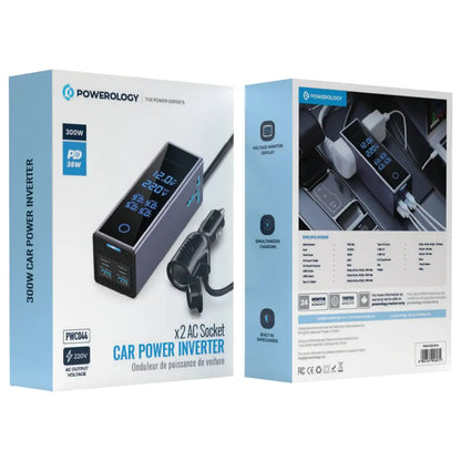 Powerology 300W Car Power Inverter – Universal AC Plug with Digital Display (Grey)