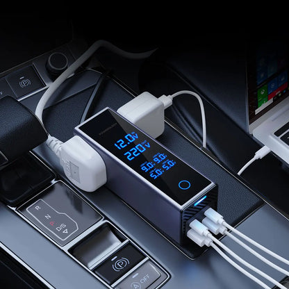 Powerology 300W Car Power Inverter – Universal AC Plug with Digital Display (Grey)