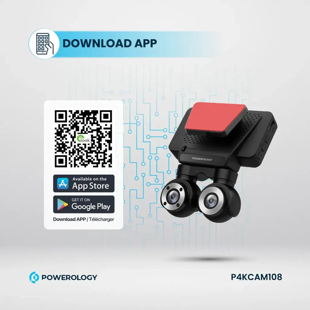 Powerology Dual Lens 4K Dash Camera – 3″ Touch Display, Front & Rear Recording (Black)