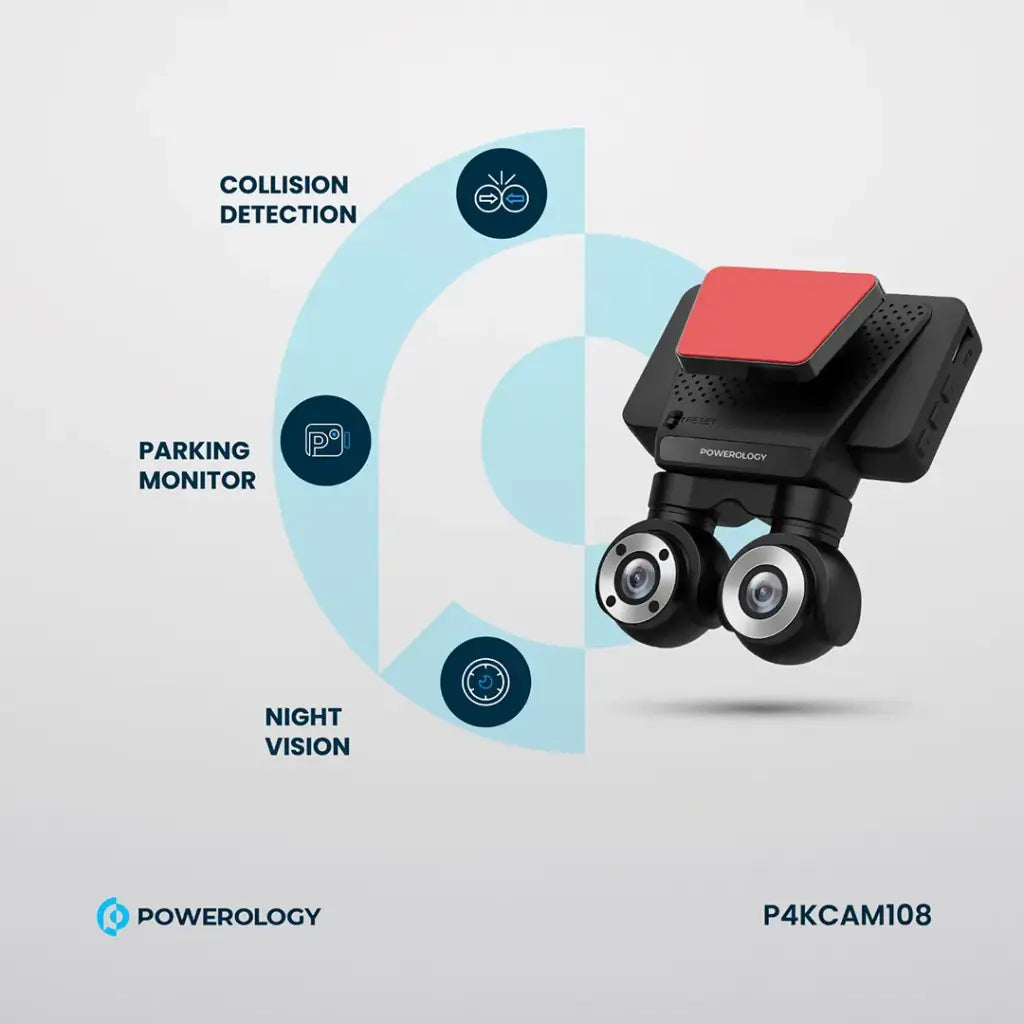 Powerology Dual Lens 4K Dash Camera – 3″ Touch Display, Front & Rear Recording (Black)