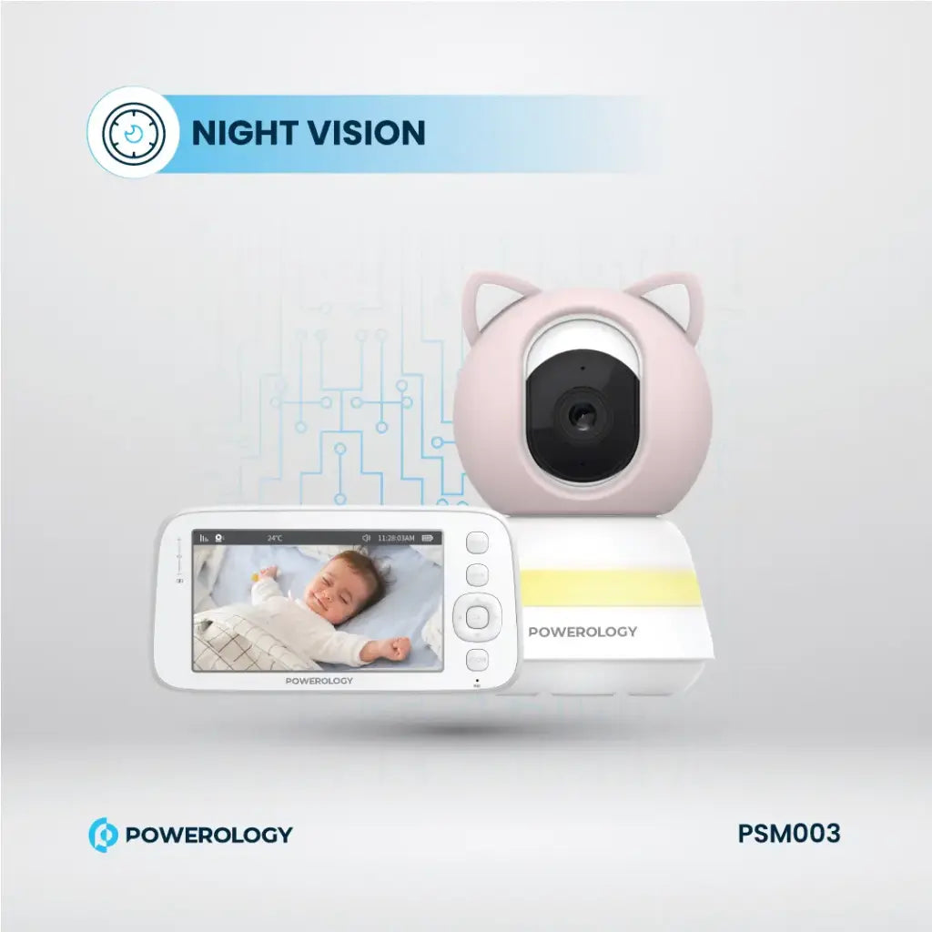 Powerology Smart Baby Monitor Camera with Mobile App – Night Vision, Motion Detection & Two-Way Audio (Blue / Pink)