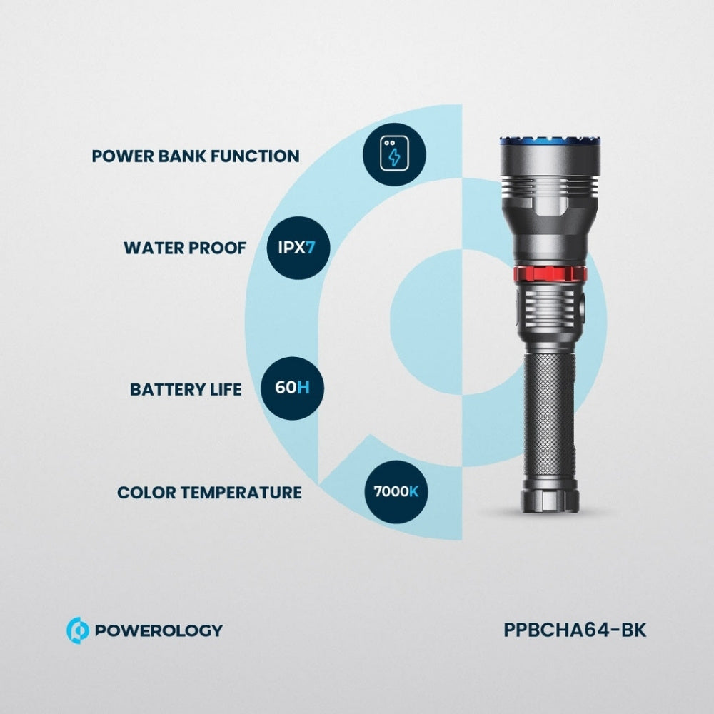 Powerology Rechargeable LED Flashlight with Power Bank Function