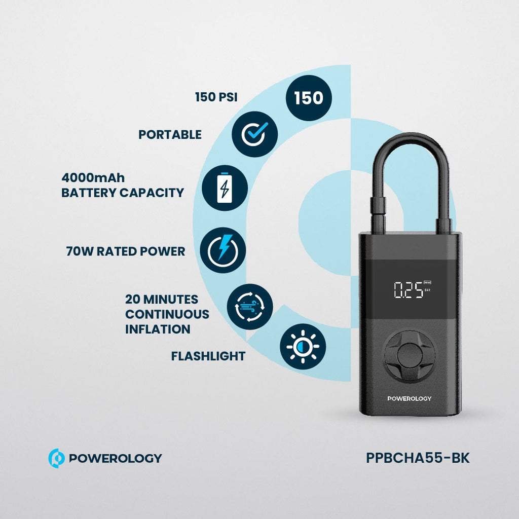 Powerology Ultra Portable Air Compressor Power Bank – Tire Inflator & Power Bank (Black)