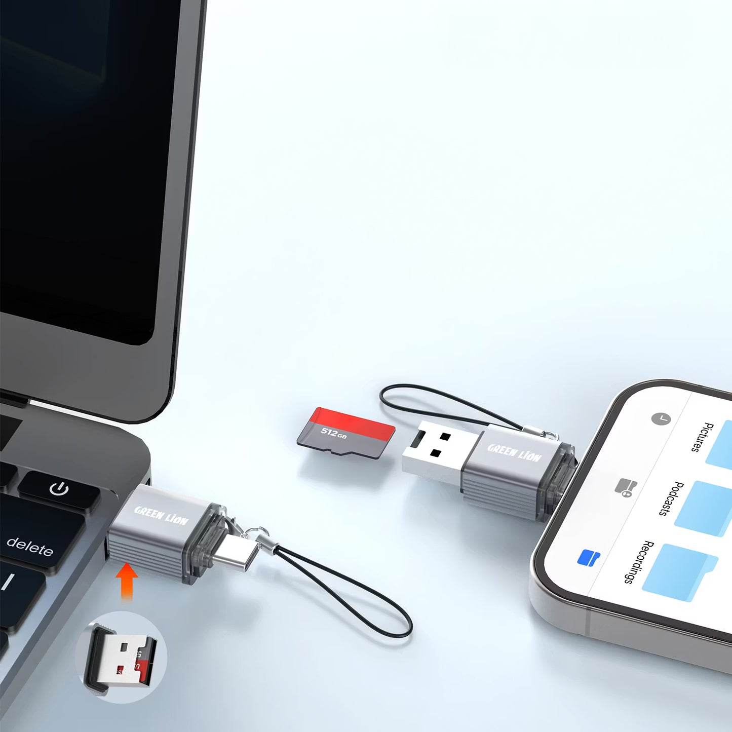 Green Lion 2-in-1 Micro SD Card Reader – 480Mbps Aluminum Alloy, Plug & Play (Gray)