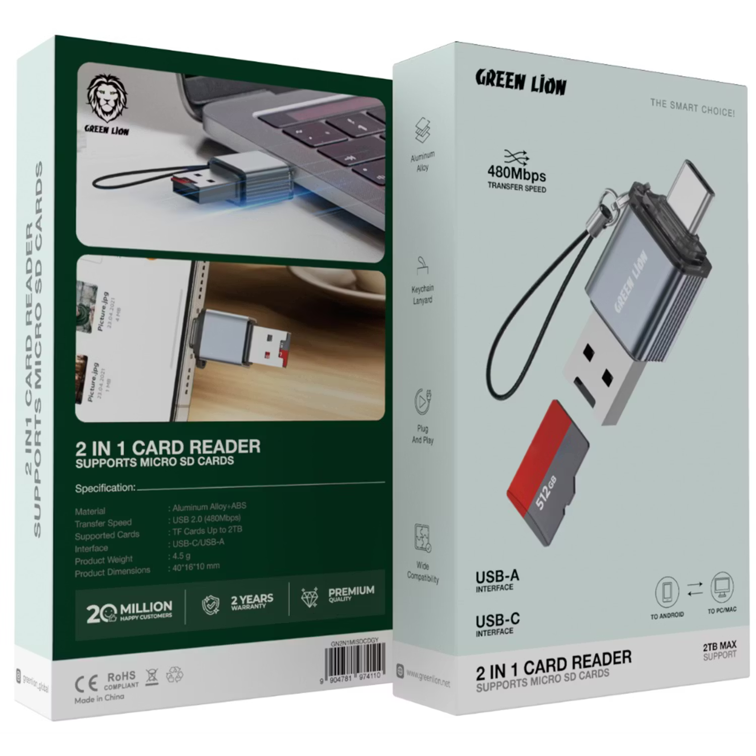 Green Lion 2-in-1 Micro SD Card Reader – 480Mbps Aluminum Alloy, Plug & Play (Gray)