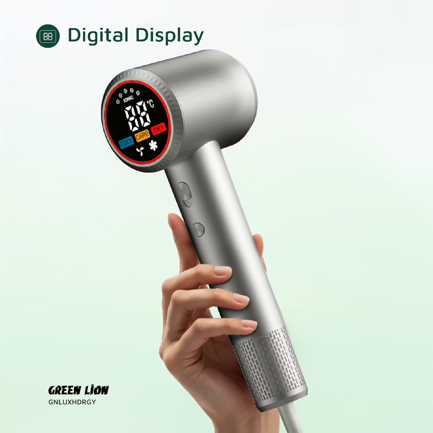 Green Lion LUXAIR Hair Dryer 1600W – Digital Display, Magnetic Nozzle & Thermostat Control (Gray)