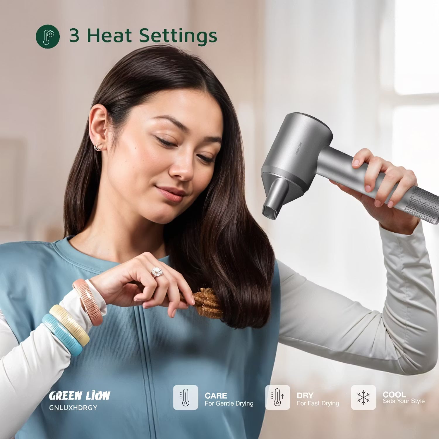 Green Lion LUXAIR Hair Dryer 1600W – Digital Display, Magnetic Nozzle & Thermostat Control (Gray)