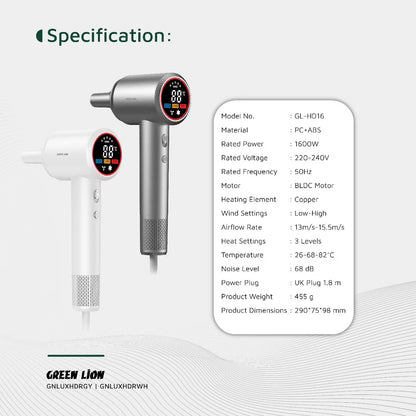 Green Lion LUXAIR Hair Dryer 1600W – Digital Display, Magnetic Nozzle & Thermostat Control (Gray)