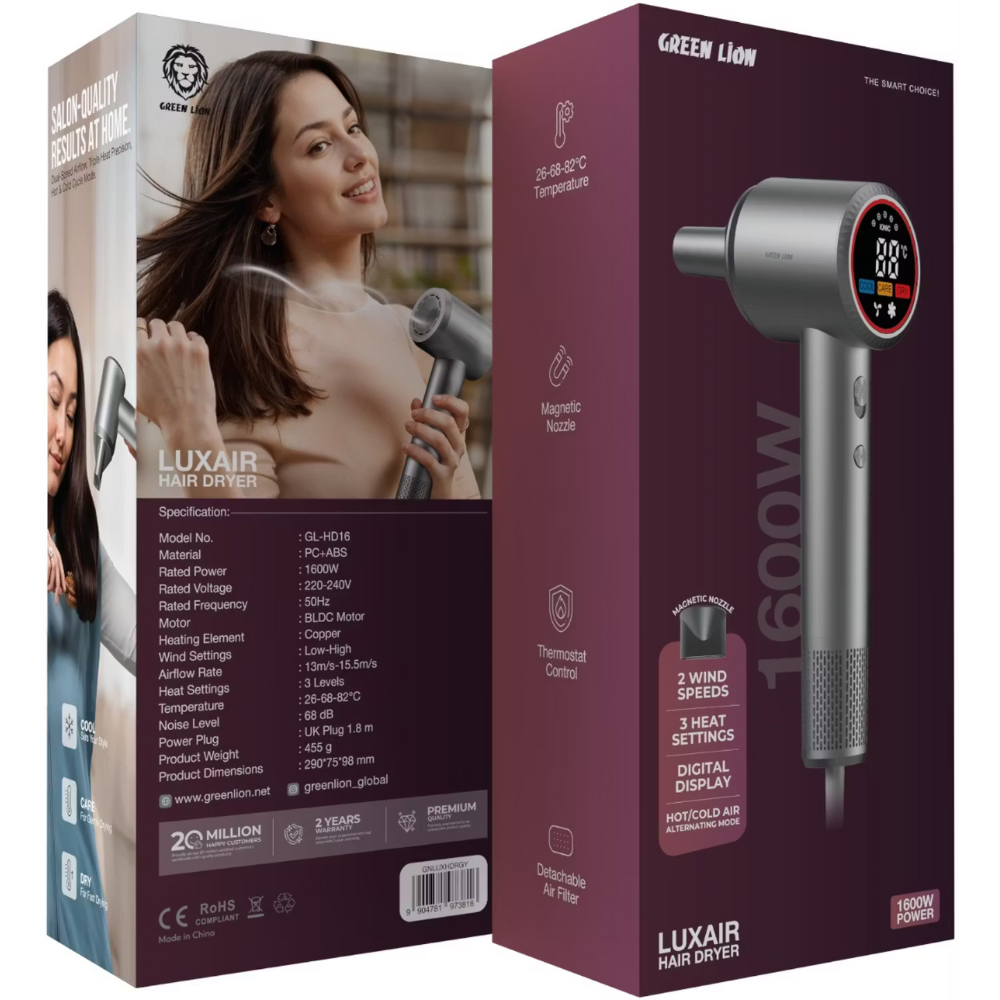 Green Lion LUXAIR Hair Dryer 1600W – Digital Display, Magnetic Nozzle & Thermostat Control (Gray)