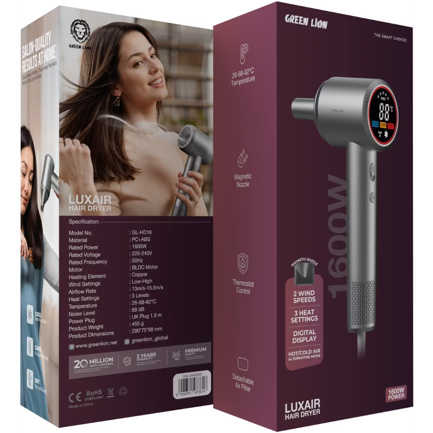 Green Lion LUXAIR Hair Dryer 1600W – Digital Display, Magnetic Nozzle & Thermostat Control (Gray)