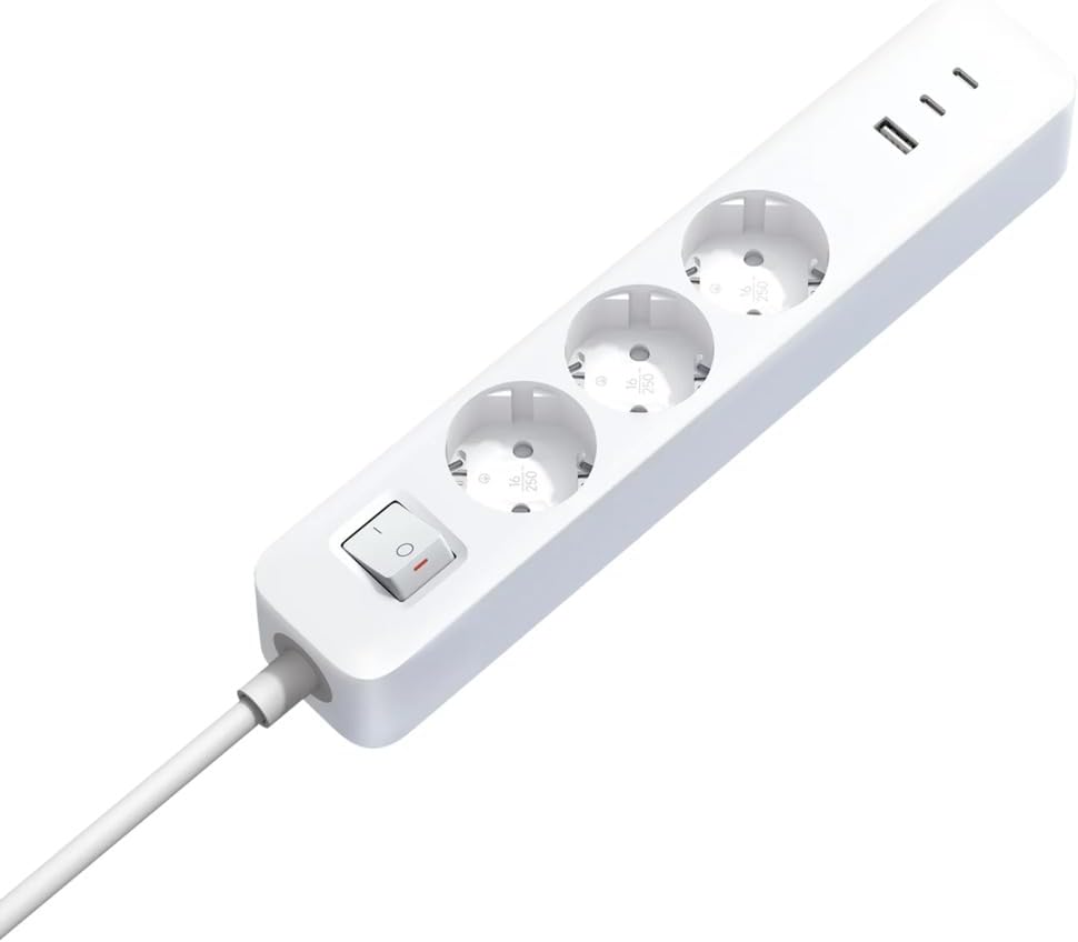 White power strip with multiple sockets on a white background