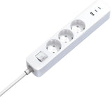 White power strip with multiple sockets on a white background