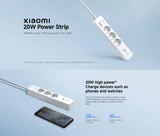 Xiaomi 20W power strip with charging times for devices on a light blue background