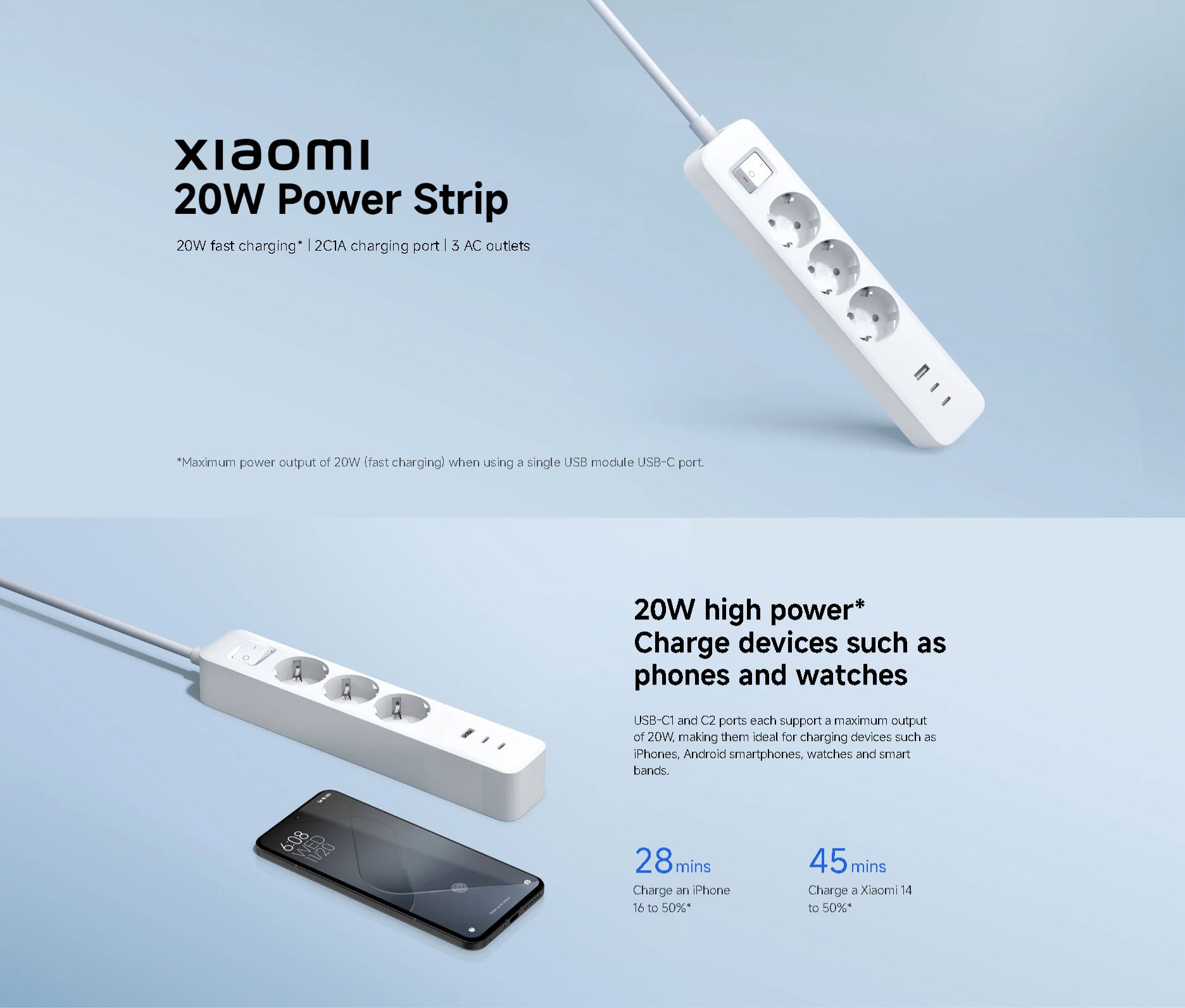 Xiaomi 20W power strip with charging times for devices on a light blue background