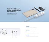 Power strip with multiple USB ports and devices on a light blue background