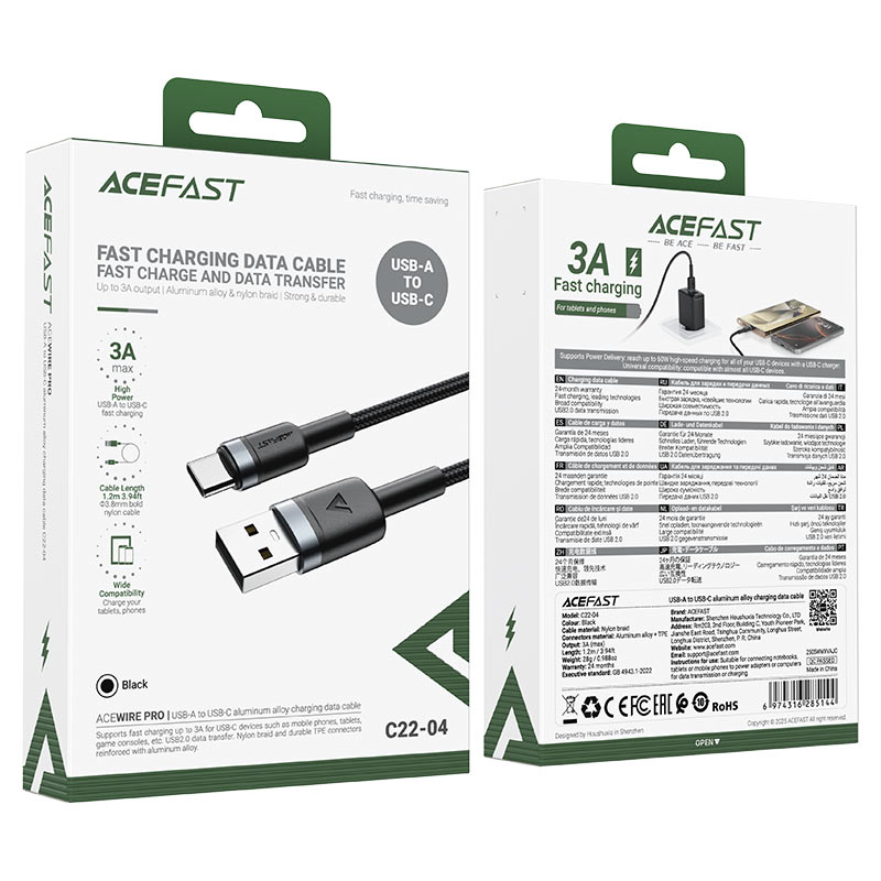 Acefast C22-04 USB-A to USB-C Charging & Data Cable – 3A Fast Charge, Nylon Braided