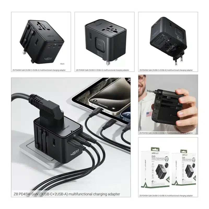 Acefast Z1 2300W Power Adapter with PD75W GaN – 3 USB-C & 2 USB-A Fast Charging Hub