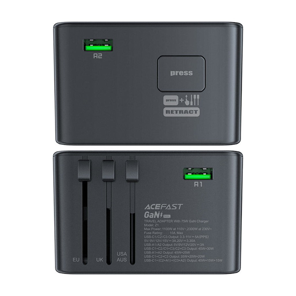 Acefast Z1 2300W Power Adapter with PD75W GaN – 3 USB-C & 2 USB-A Fast Charging Hub