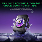 A black personal cooling fan with a glowing purple and blue fan blade design, shown floating above ice cubes with promotional text about cooling down to 14°F (-10°C) on a purple gradient background.