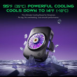 A black personal cooling fan with a glowing purple and blue fan blade design, shown floating above ice cubes with promotional text about cooling down to 14°F (-10°C) on a purple gradient background.