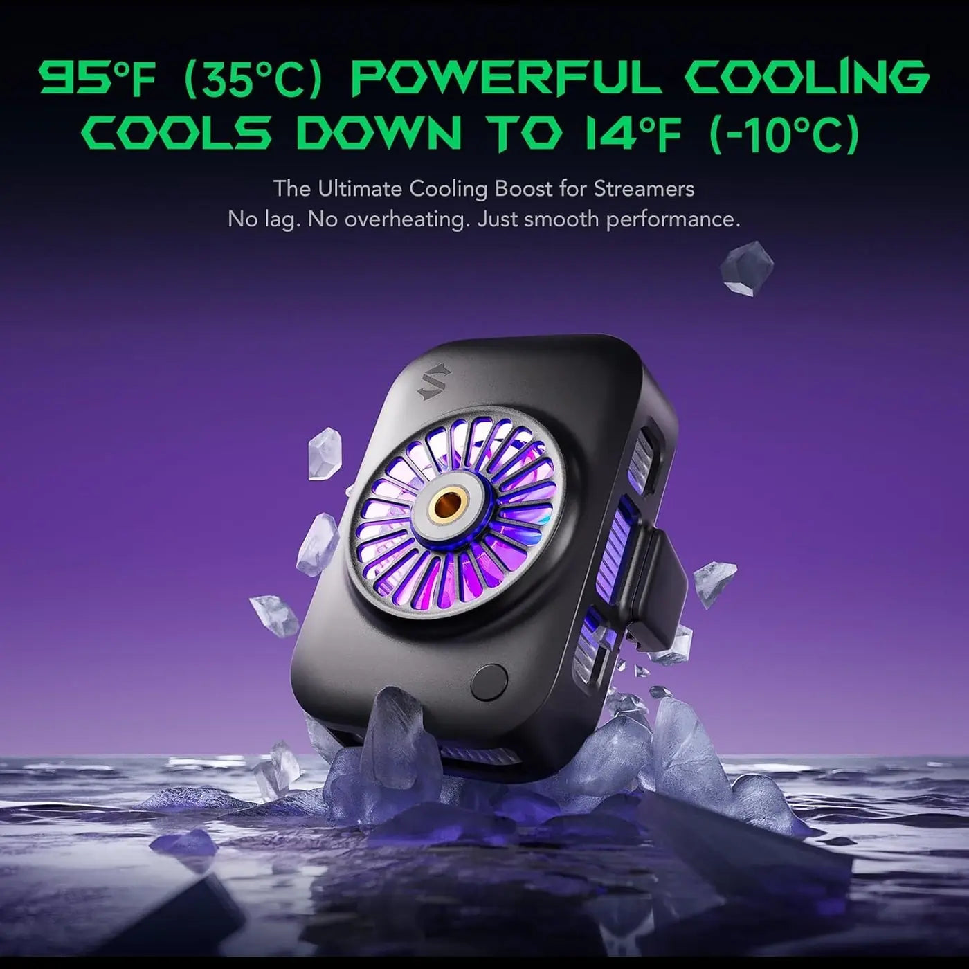 A black personal cooling fan with a glowing purple and blue fan blade design, shown floating above ice cubes with promotional text about cooling down to 14°F (-10°C) on a purple gradient background.