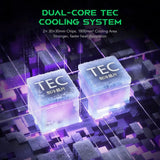 Promotional graphic for a dual-core TEC cooling system, showing two glowing translucent cooling chips labeled 'TEC' on a dark futuristic circuit board background with purple and blue lighting and green text at the top.