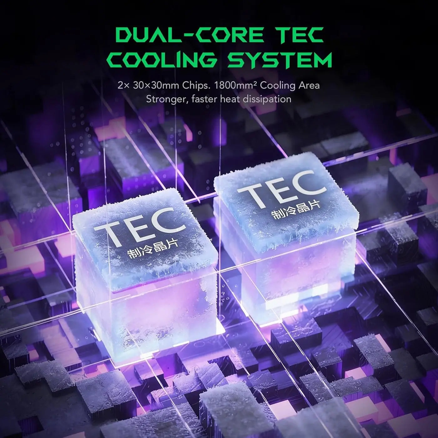 Promotional graphic for a dual-core TEC cooling system, showing two glowing translucent cooling chips labeled 'TEC' on a dark futuristic circuit board background with purple and blue lighting and green text at the top.