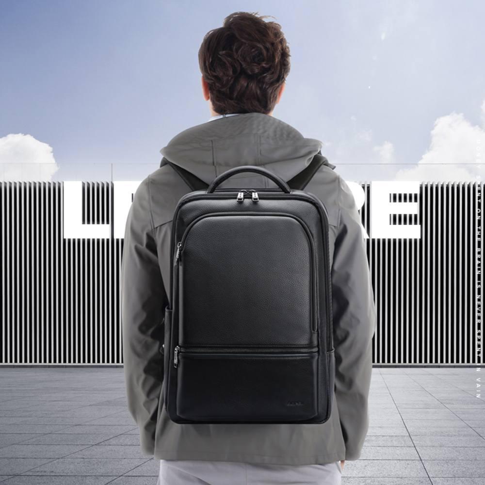 BOPAI Men's Genuine Leather Backpack – 15.6'' Laptop, Business Travel Rucksack with USB Charging, Anti-Theft, Large Capacity, Classic Black - Saleshubstore