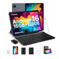 Black tablet bundle with a 11-inch screen, Octa-Core processor, 16GB+128GB RAM, 8580mAh battery, wireless keyboard, mouse, stylus, and accessories on a white background.